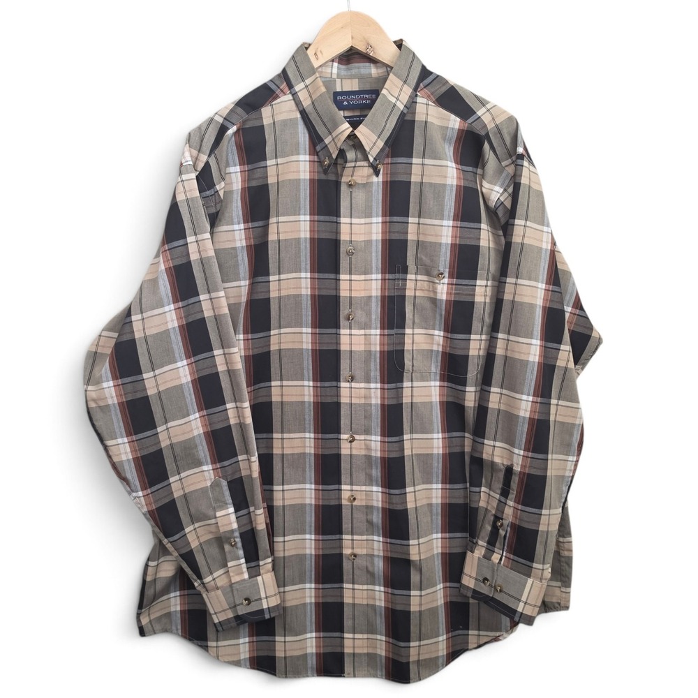 Roundtree & Yorke Shirt Mens XL Brown Plaid Button Down Wrinkle Free Casual